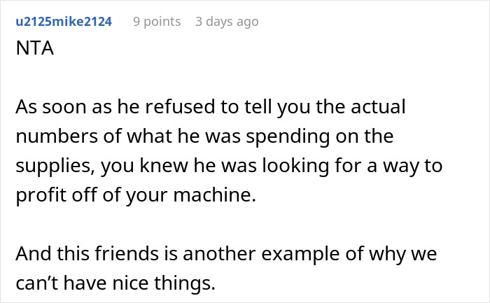 Comment discussing a coworker trying to profit from a shared office coffee machine.