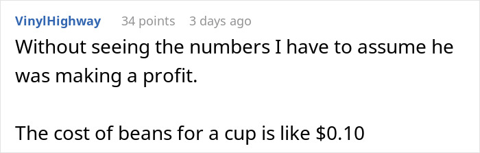 Comment discussing the low cost of coffee beans and the coworker's office business profit.