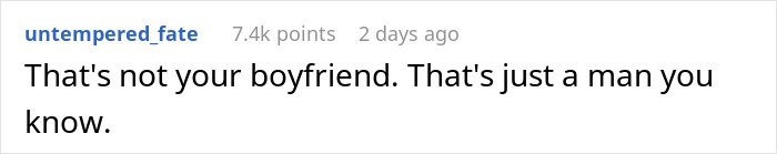 A screenshot of a comment saying, 'That's not your boyfriend. That's just a man you know,' about a guy who won't marry his GF.