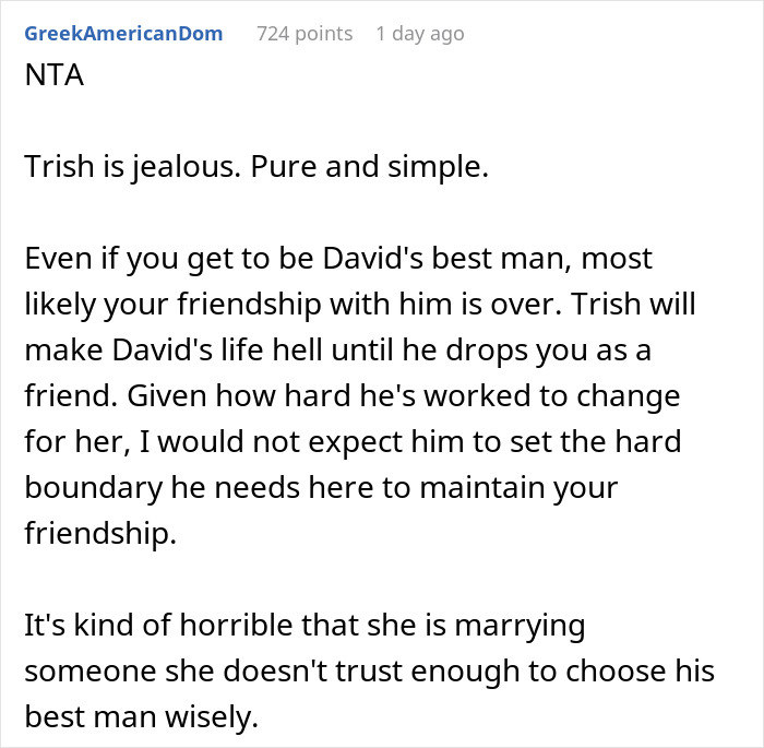 A screenshot of a Reddit comment about a bride trying to get a love confession from the groom's female bestie. A screenshot of a Reddit comment about a bride trying to get a love confession from the groom's female bestie.