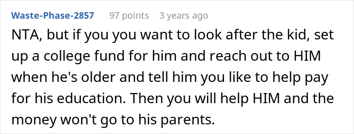A screenshot of a comment advising setting up a college fund for the child amidst inheritance drama. A screenshot of a comment advising setting up a college fund for the child amidst inheritance drama.