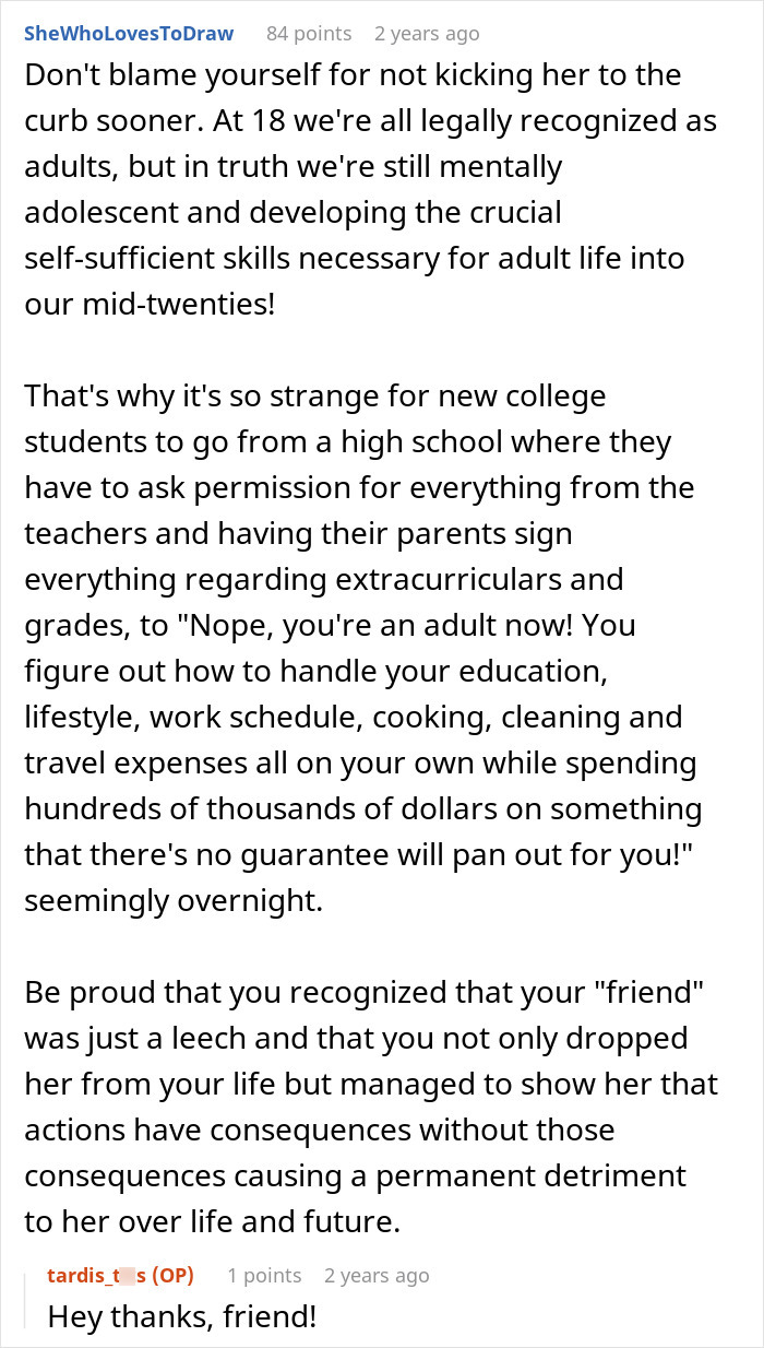 Reddit comment of a user reassuring the author about kicking out a fake friend
