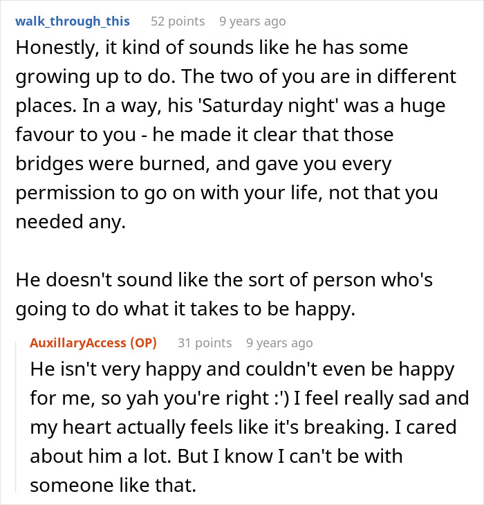 Reddit thread discussing the emotional aftermath of leaving a jobless bf who gives financial advice.