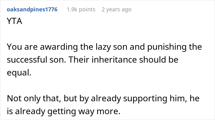 A Reddit comment arguing for equal inheritance for both a successful and a less successful son. A Reddit comment arguing for equal inheritance for both a successful and a less successful son.