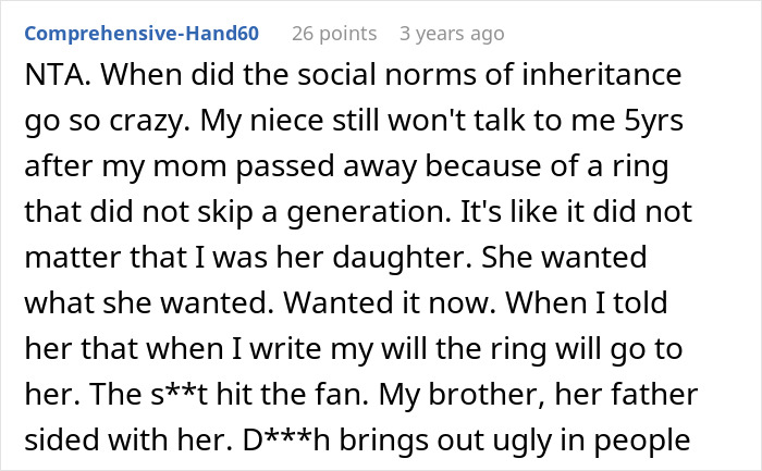 A Reddit comment describing a personal experience with inheritance drama over a ring and family disputes. A Reddit comment describing a personal experience with inheritance drama over a ring and family disputes.