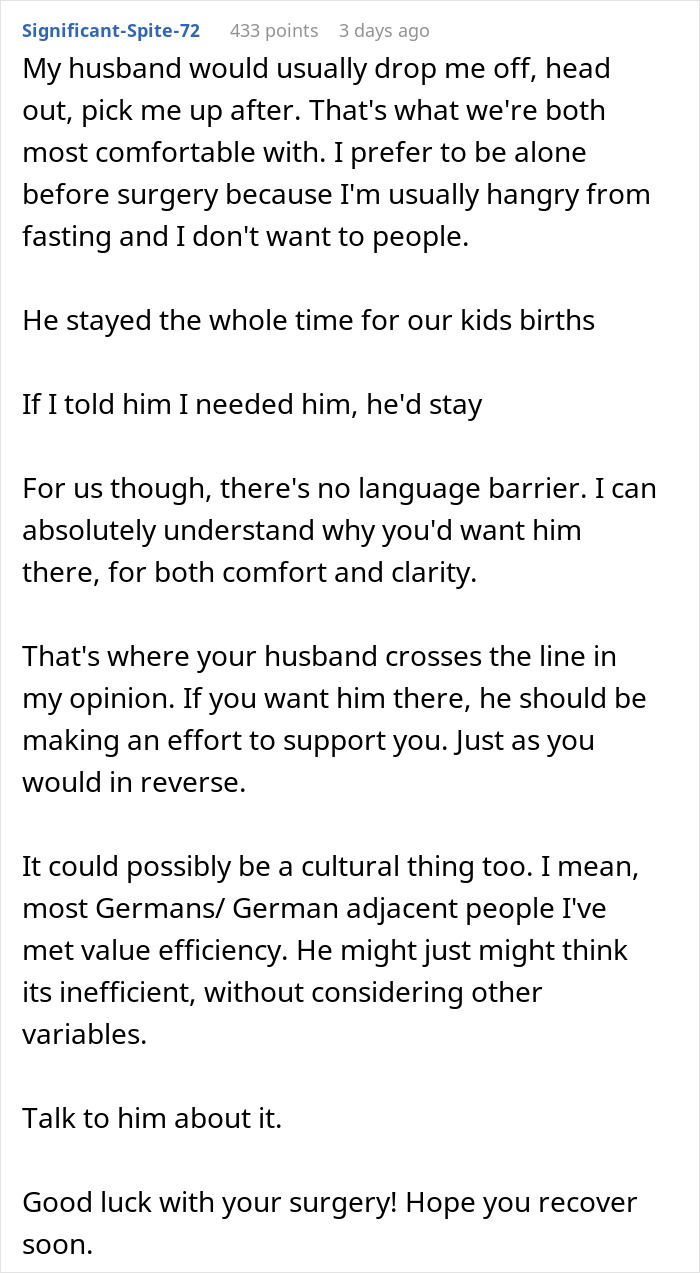 Comment on husband's usual support during surgery and cultural impact on support behavior Comment on husband's usual support during surgery and cultural impact on support behavior