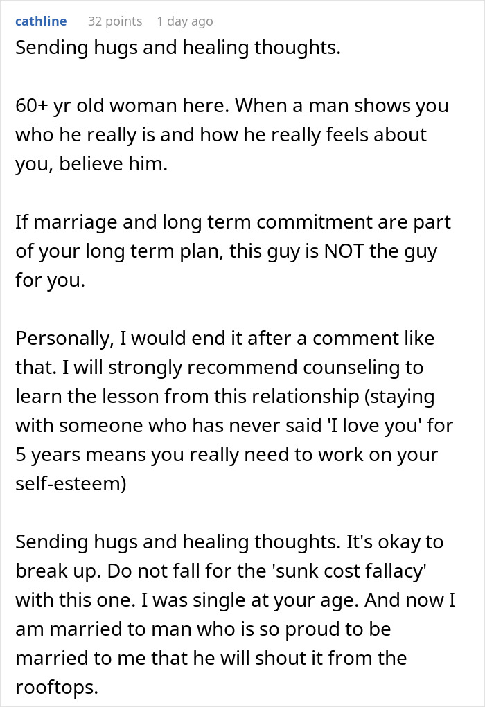 A comment offering healing thoughts and advice to end a relationship where a guy won't marry his girlfriend.
