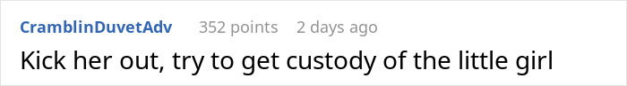 Screenshot of Reddit comment advising to kick out daughter and get custody of her child. Screenshot of Reddit comment advising to kick out daughter and get custody of her child.