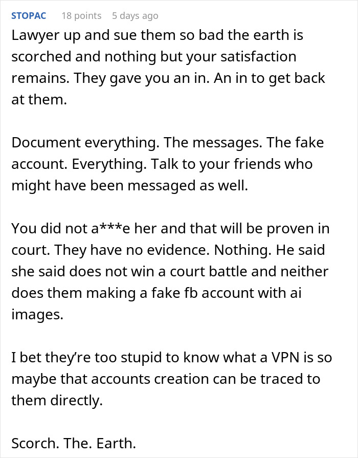 A comment advising legal action and documenting evidence against parents trying to ruin their daughter's boyfriend's reputation. A comment advising legal action and documenting evidence against parents trying to ruin their daughter's boyfriend's reputation.