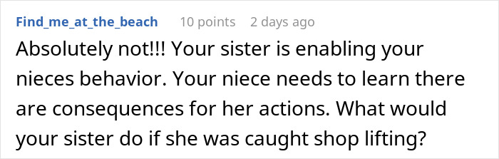 A comment about a 14YO sneaking an aunt's sapphire engagement ring, criticizing the sister for enabling behavior.