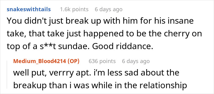 Reddit comments discussing breakup and movie obsession points
