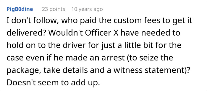 An online post asking details about custom fees and the credit card thief arrest.
