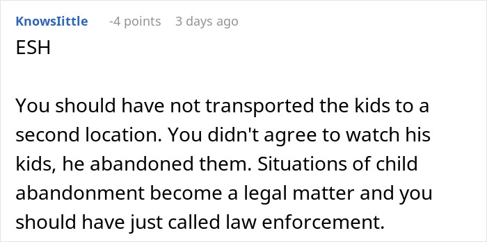 Reddit user suggesting the situation of child abandonment on a porch should involve law enforcement. Reddit user suggesting the situation of child abandonment on a porch should involve law enforcement.
