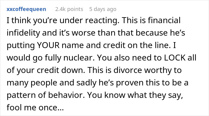 A Reddit comment emphasizing financial infidelity and divorce-worthy behavior due to the husband's spending.
