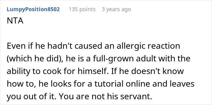 Woman refuses to cook for husband after he pressures her to rake despite her allergy.