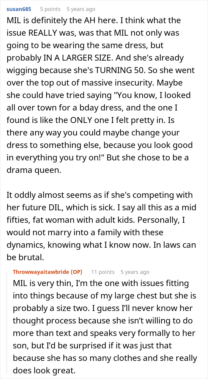 A Reddit comment from susan685 offering a perspective on the MIL's insecurity about the wedding dress. A Reddit comment from susan685 offering a perspective on the MIL's insecurity about the wedding dress.