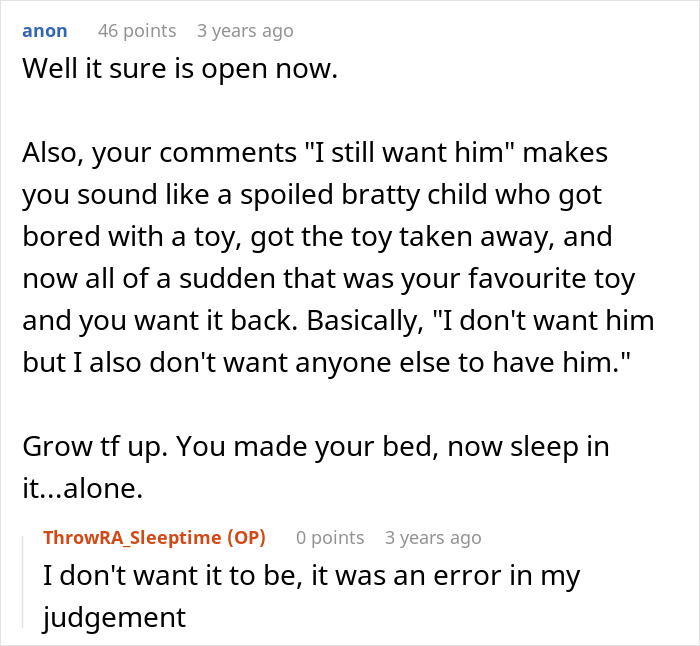 An online post criticizing a woman who regrets asking for an open relationship. An online post criticizing a woman who regrets asking for an open relationship.