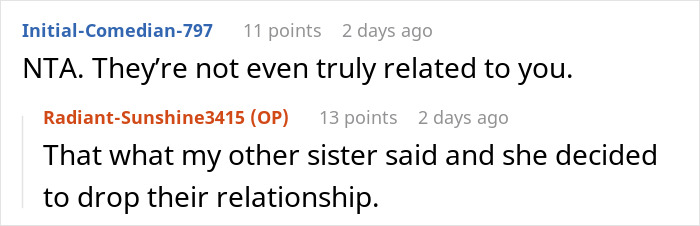 A Reddit comment affirming the woman is not truly related and supports dropping the relationship.