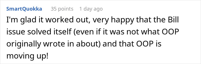 User comment celebrating a positive outcome after a workplace issue involving gender-biased dynamics. User comment celebrating a positive outcome after a workplace issue involving gender-biased dynamics.