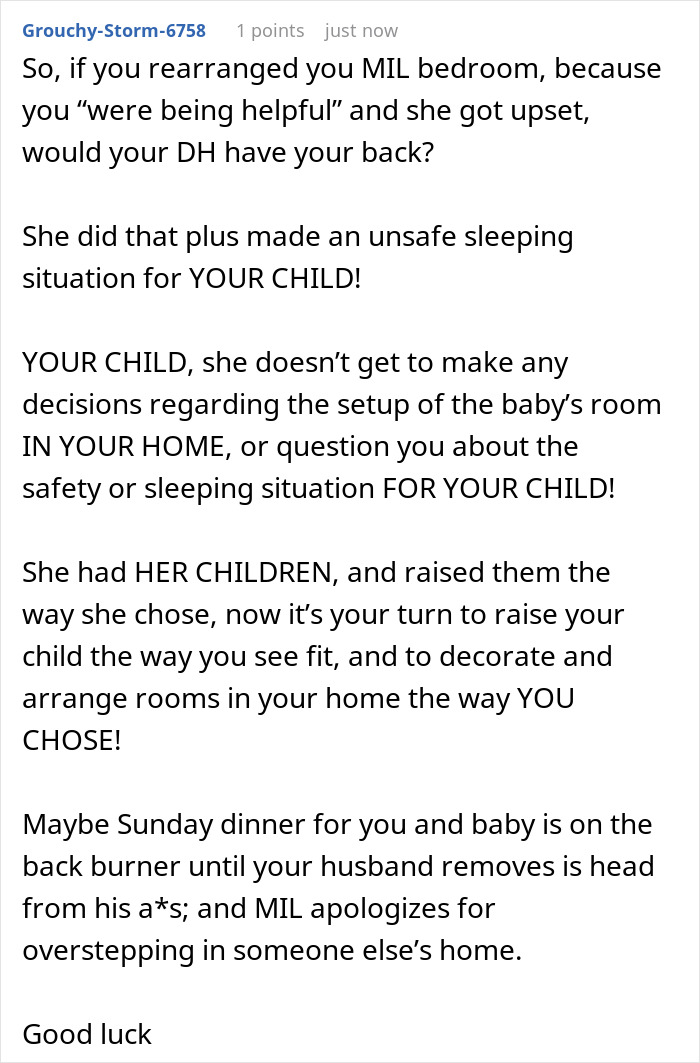 User comment discussing how a MIL overstepped by altering a child's nursery against the parents' wishes User comment discussing how a MIL overstepped by altering a child's nursery against the parents' wishes