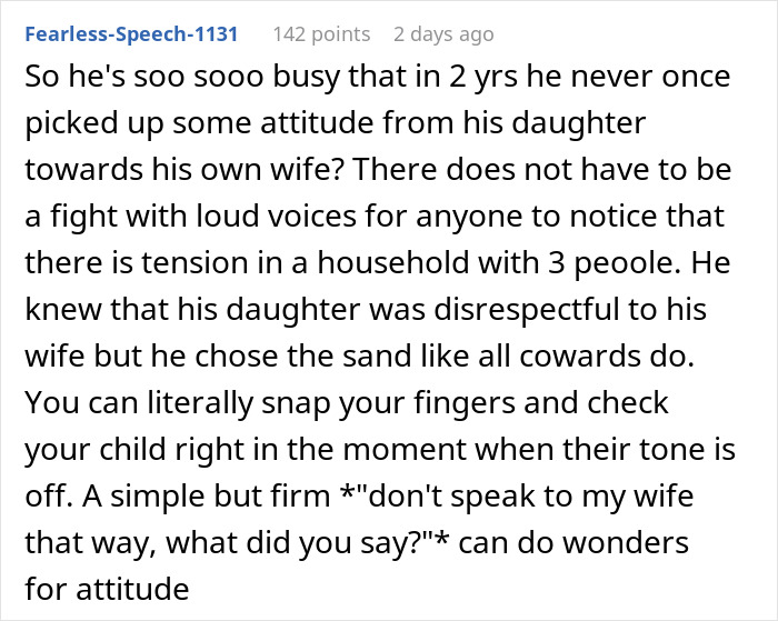 A comment discussing a woman who endured years of insults from her adult stepdaughter and the husband's inaction. A comment discussing a woman who endured years of insults from her adult stepdaughter and the husband's inaction.