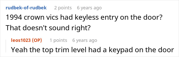 Discussion about keyless entry on 1994 Crown Vics in son exclusion story