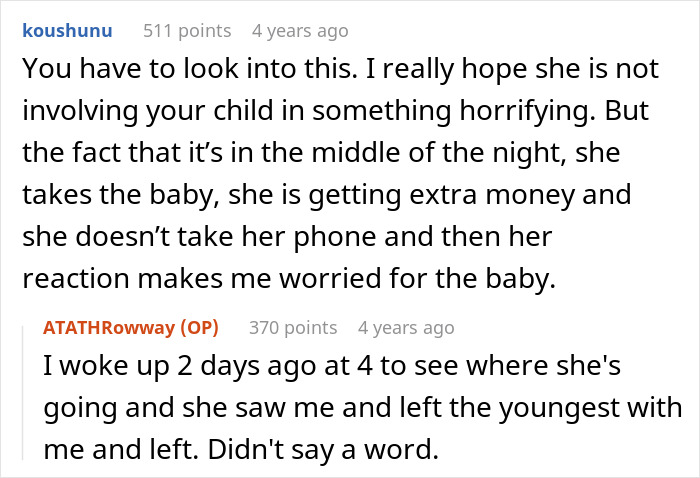 A screenshot of comments discussing a wife sneaking out at 4AM and hiding money, raising concerns for her child. A screenshot of comments discussing a wife sneaking out at 4AM and hiding money, raising concerns for her child.