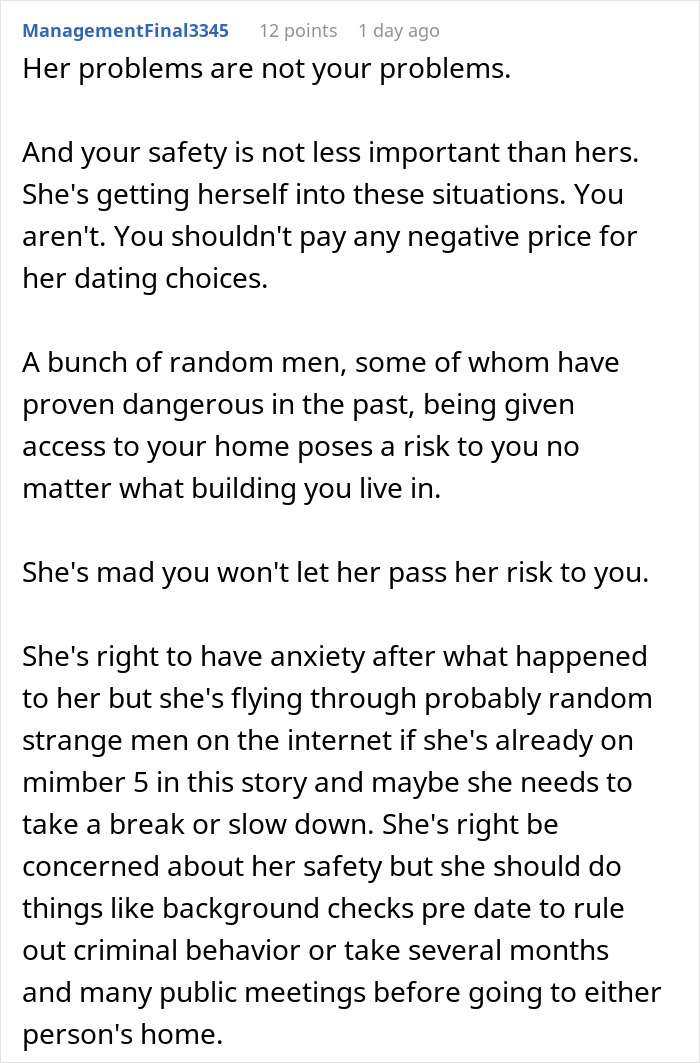 A screenshot of a comment about a woman dumping men, emphasizing safety and dating choices. A screenshot of a comment about a woman dumping men, emphasizing safety and dating choices.