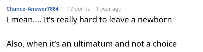 In-laws demand special exceptions for child-free celebration, resorting to threats to get what they want. Reddit comment on leaving a newborn and ultimatums.