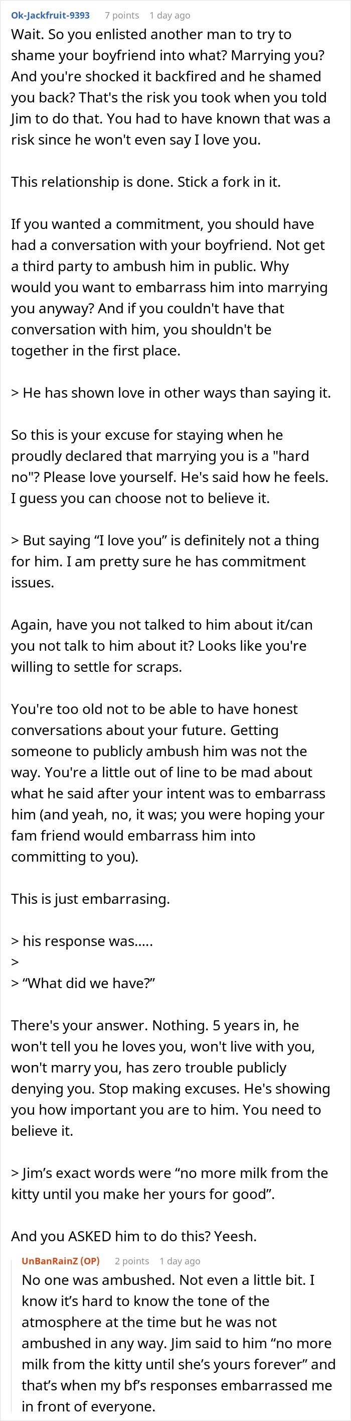 A screenshot of a Reddit comment section discussing a boyfriend who wont marry his girlfriend after 5 years and never says I love you.