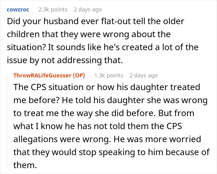 An online comment thread discussing a husband&rsquo;s reaction to false CPS allegations from his daughter.
