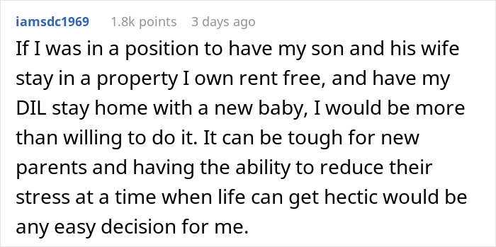 A comment about parents giving son free housing, emphasizing willingness to help with freeloading plans for new parents.