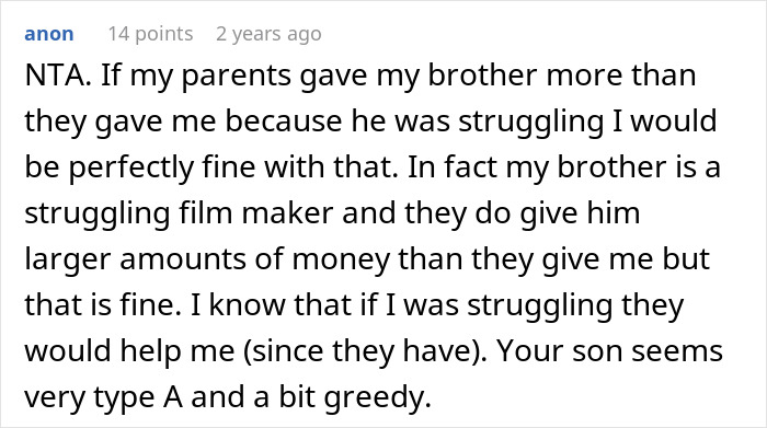 A comment supporting the mom's inheritance decision for her struggling son. A comment supporting the mom's inheritance decision for her struggling son.