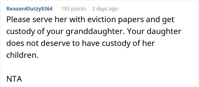 Screenshot of Reddit comment urging to serve eviction papers and gain custody of granddaughter. Screenshot of Reddit comment urging to serve eviction papers and gain custody of granddaughter.