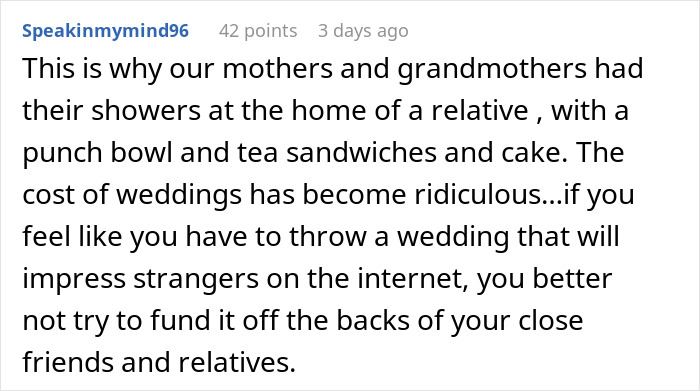 A Reddit comment from SpeakInMyMind96 lamenting the ridiculous cost of weddings and bridal showers today.