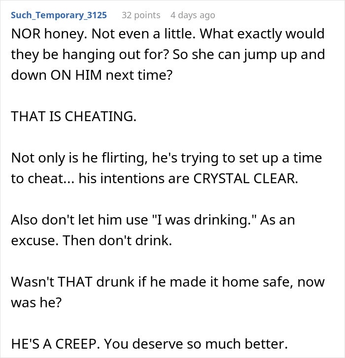 Reddit comment about a husband flirting with a woman and facing a breaking point in their marriage.