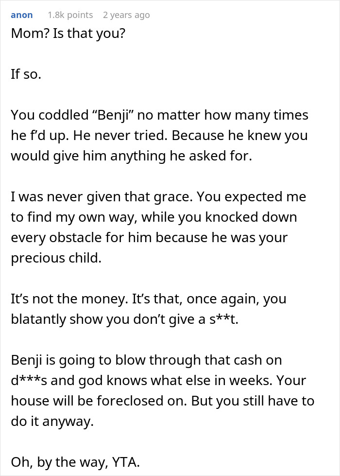A Reddit comment from a user relating to a mother's unfair inheritance decision for her son. A Reddit comment from a user relating to a mother's unfair inheritance decision for her son.