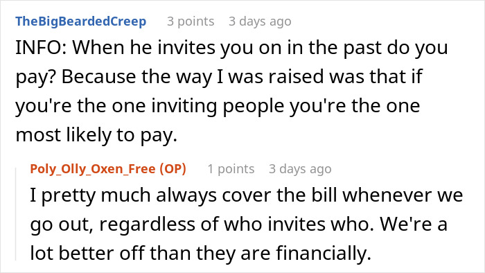 A screenshot of a reddit comment about paying for breakfast, featuring a man's BIL and expensive food. A screenshot of a reddit comment about paying for breakfast, featuring a man's BIL and expensive food.