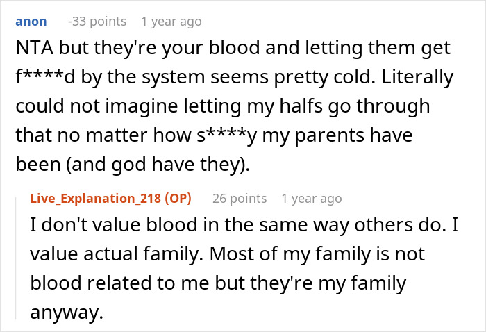 A screenshot shows a Reddit comment from a user saying they don't value blood and another from the OP about half-siblings and foster care.