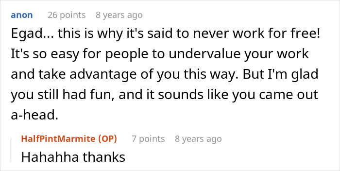 A comment on the family photos post about valuing work and not working for free, relating to the photographer's revenge. A comment on the family photos post about valuing work and not working for free, relating to the photographer's revenge.