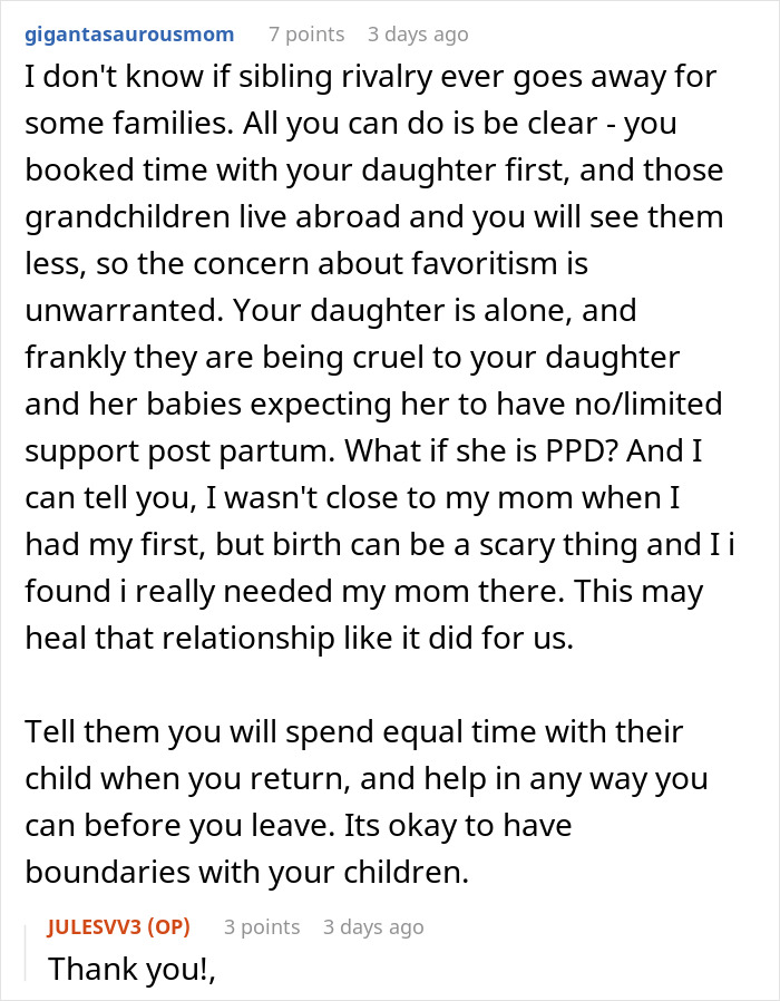 A Reddit user's response about setting boundaries with family regarding postpartum care. A Reddit user's response about setting boundaries with family regarding postpartum care.