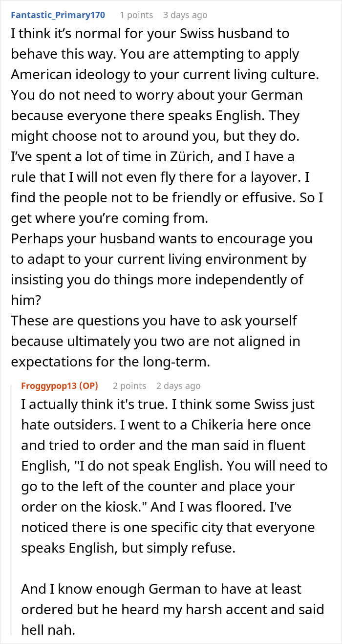 Comment about cultural differences in husband's refusal to take day off for surgery Comment about cultural differences in husband's refusal to take day off for surgery