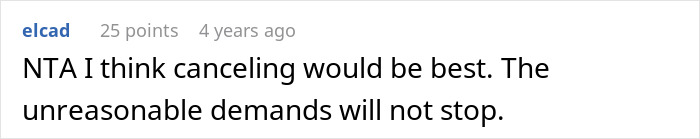A Reddit comment suggesting canceling the trip due to unreasonable free childcare demands for the nanny. A Reddit comment suggesting canceling the trip due to unreasonable free childcare demands for the nanny.