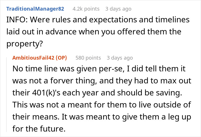 Parents give son free housing; a Reddit post discussing if expectations were set for saving for a future.