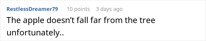 A comment about a 14YO sneaking an aunt's sapphire engagement ring, saying the apple doesn't fall far from the tree.