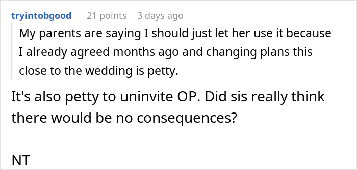 A screenshot of a comment discussing the bride's refusal to be a part of a wedding. A screenshot of a comment discussing the bride's refusal to be a part of a wedding.