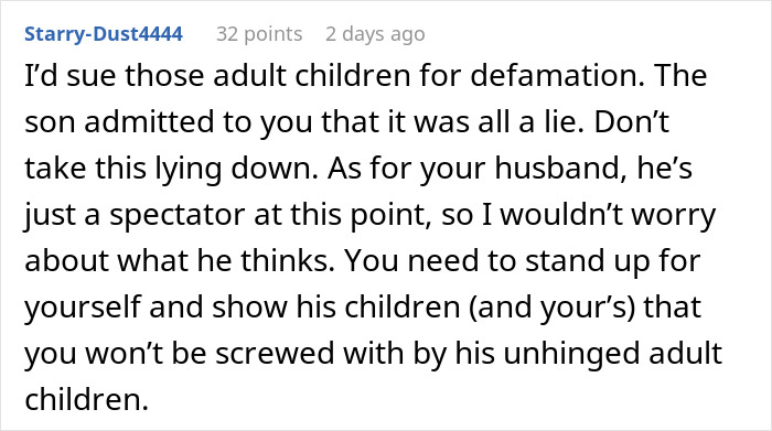 A social media user suggesting to sue adult children for defamation after a fake CPS call.