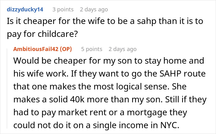 A comment about parents giving son free housing, discussing if a wife being a stay-at-home parent is cheaper than childcare.