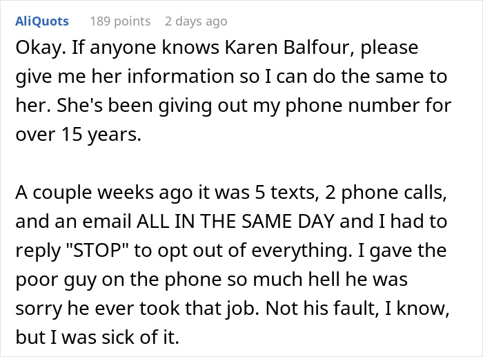 Screenshot of Reddit comment about a guy getting petty revenge on a woman who gave out his number. Screenshot of Reddit comment about a guy getting petty revenge on a woman who gave out his number.