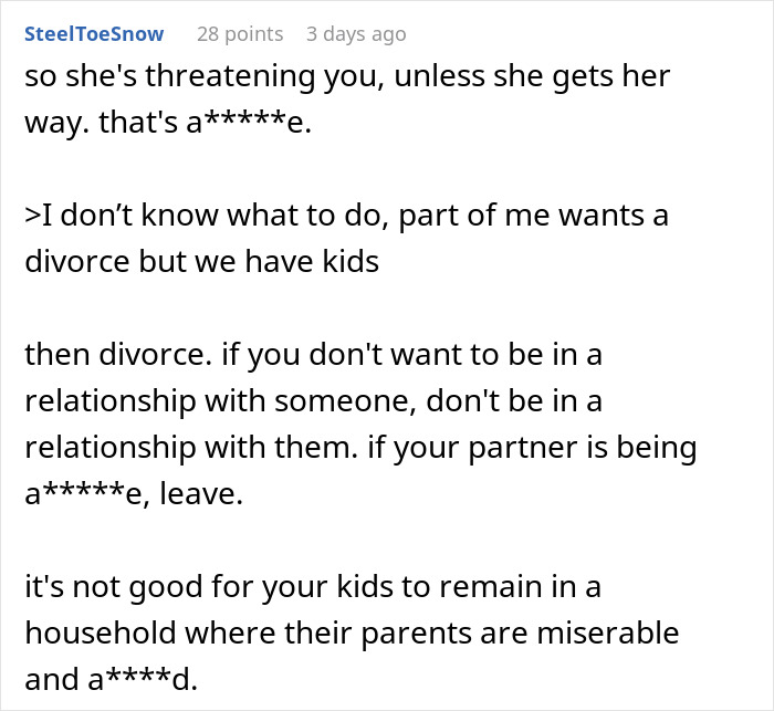 Reddit comment suggesting a husband considers divorce due to threat over vasectomy Reddit comment suggesting a husband considers divorce due to threat over vasectomy